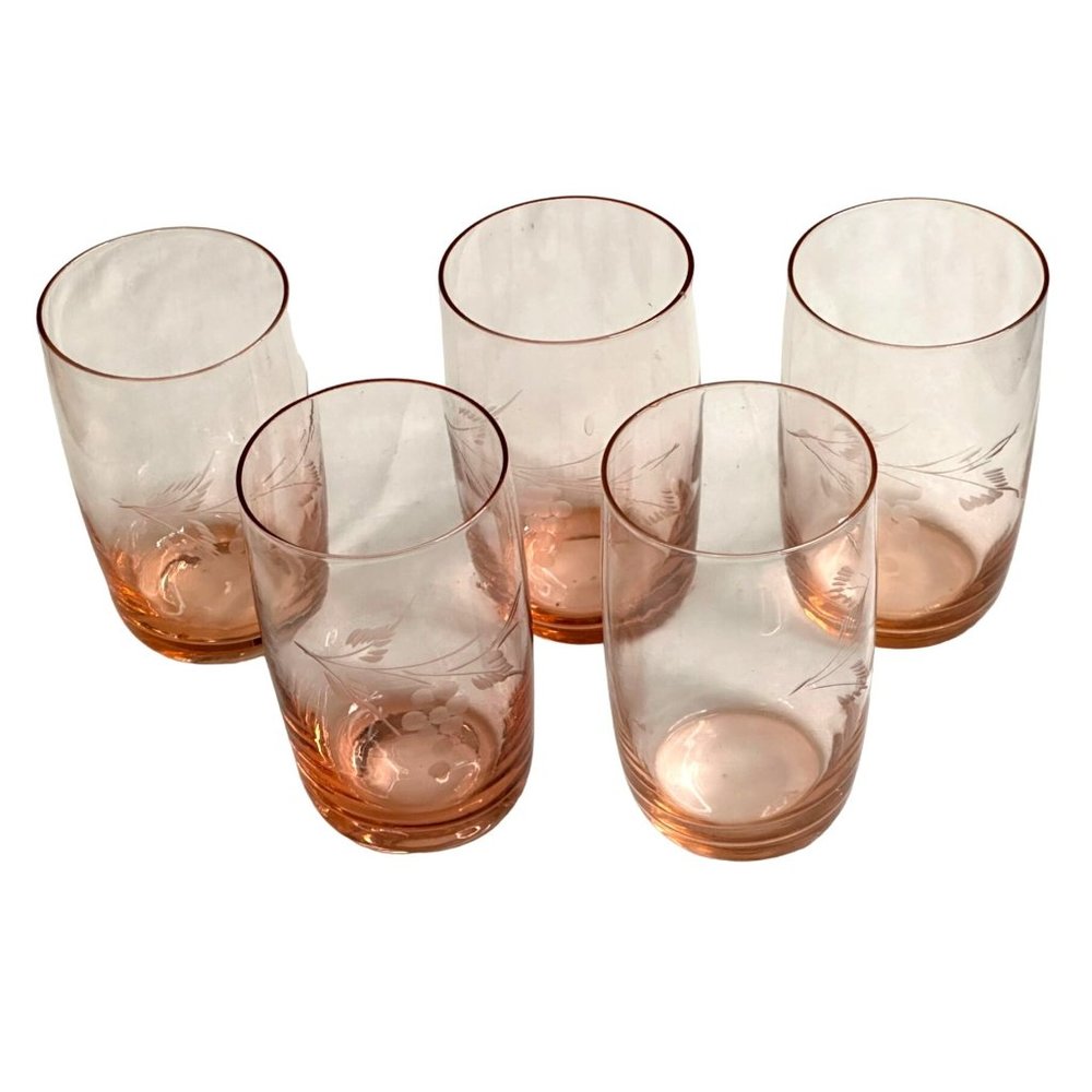 Vtg Pink Etched Glass Dove & Foral Juice 8 Oz.- 5 ea Glassware Very Thin Dainty